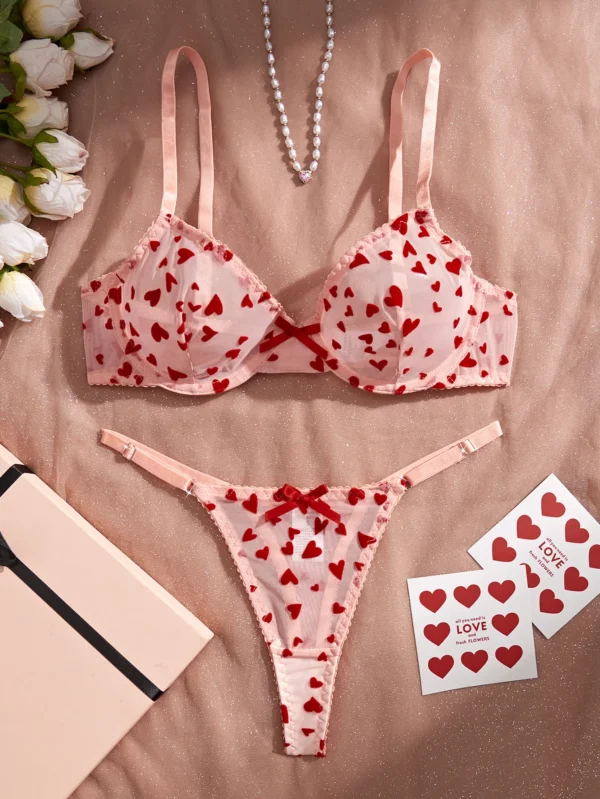 Ensemble de lingerie érotique sexy froncé en maille transparente amour coeur broderie – Image 5
