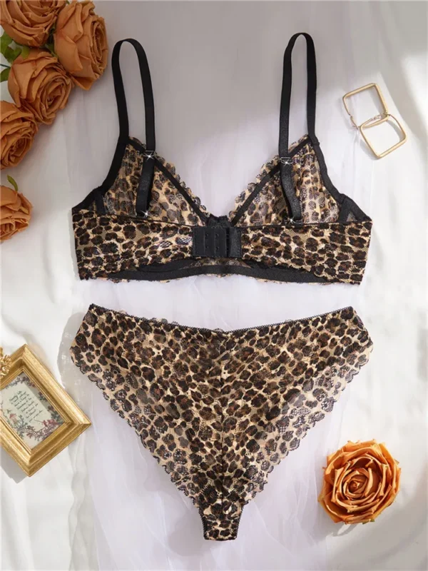 Ensemble de lingerie sexy , exotique à broderie léopard, dentelle, volant, sans couture, avec armature – Image 3
