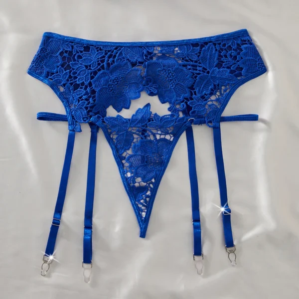Ensemble de lingerie sexy trois pièces avec soutien-gorge push-up et culotte en dentelle bleue transparente – Image 5