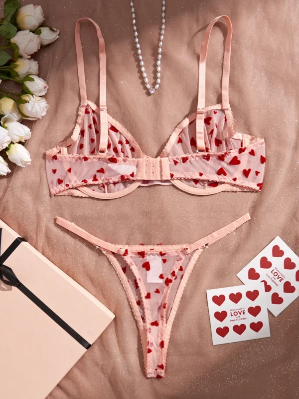 Ensemble de lingerie érotique sexy froncé en maille transparente amour coeur broderie – Image 2