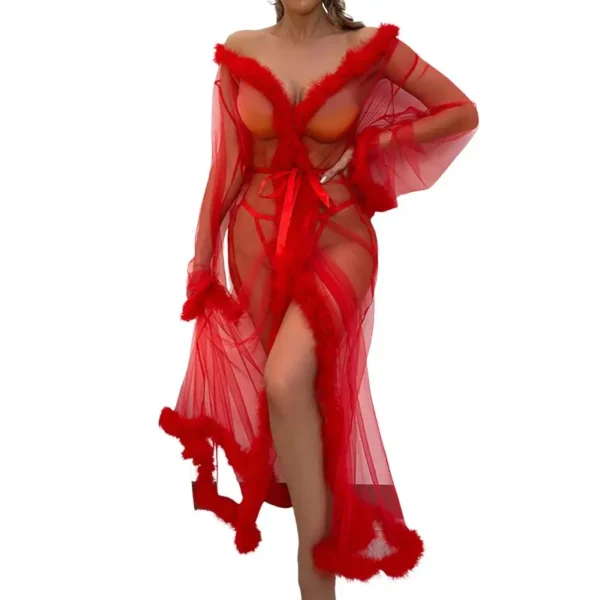 Chemise de nuit sexy pour femme, transparente, douce au toucher, manches longues, lacets, taille séduisante, lune de miel. – Image 4