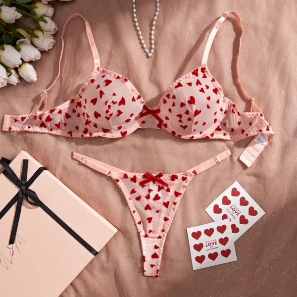 Ensemble de lingerie érotique sexy froncé en maille transparente amour coeur broderie