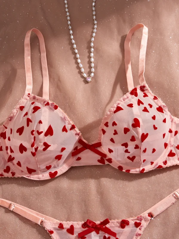 Ensemble de lingerie érotique sexy froncé en maille transparente amour coeur broderie – Image 4