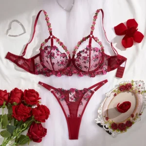 Ensemble de lingerie florale Belle intime , de luxe romantique , féminine brodés  en dentelle bordeaux transparente