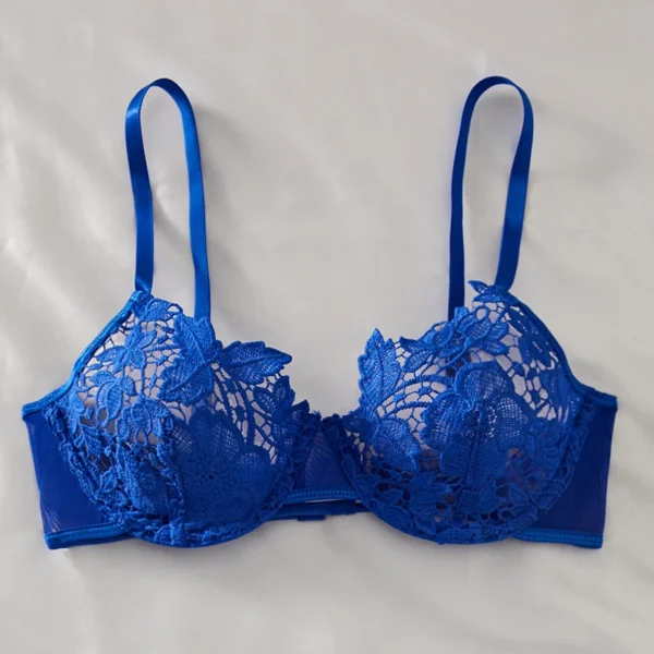 Ensemble de lingerie sexy trois pièces avec soutien-gorge push-up et culotte en dentelle bleue transparente – Image 4
