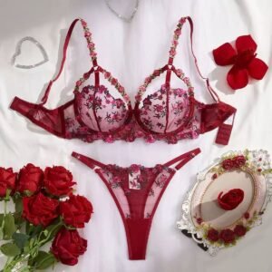 Ensemble Lingerie Floralia Rouge Fuchsia – Dentelle & Transparence